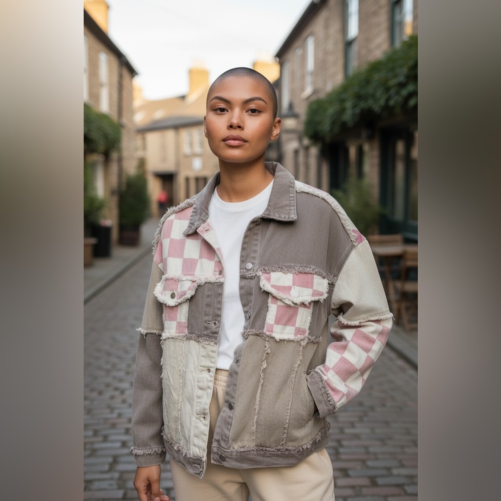 POL Patchwork Oversized Jacket Size M Pink Checke… - image 2